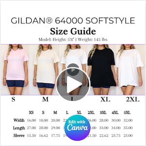 Tabla de tallas de Gildan 64000 editable en video Tabla de tallas de Gildan 64000 Soft Style Shirt Tabla de tallas de Gildan 64000 editable en video Plantilla Canva