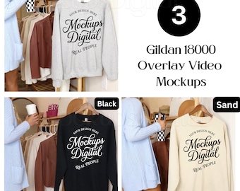 Sweatshirt Video Mockup Bundle, Gildan 18000 Black Sport Grey Sand, Real Model Crewneck Video Mockup, 3 Colors, Real Photo No AI, POD