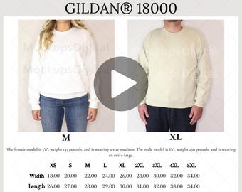 May include: Size chart for Gildan 18000 sweatshirts, showing measurements in inches for width, length, and sleeve length for sizes XS to 5XL.