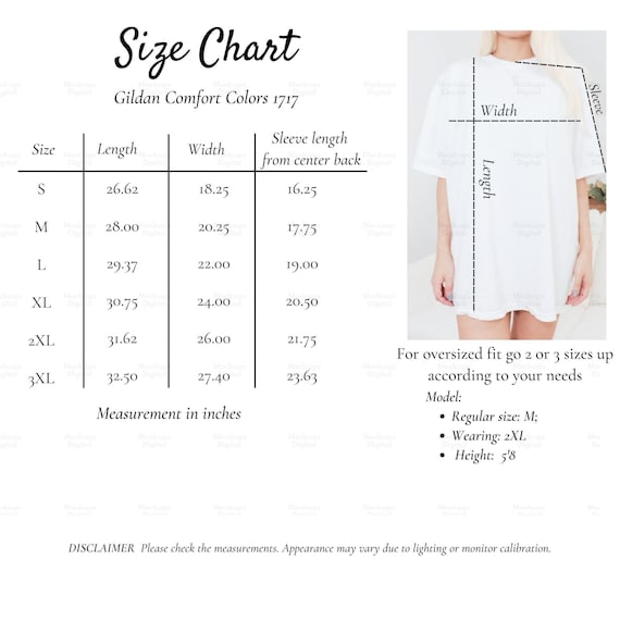 Comfort Colors Size Chart Comfort Colors Sizing Chart - Etsy