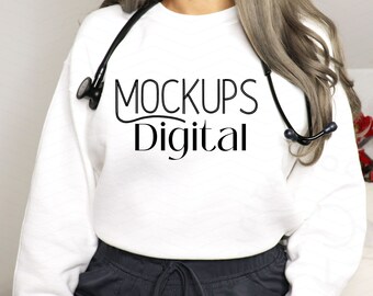 Nurse with Stethoscope  Mockup Gildan 18000 Mockup Crewneck Sweatshirt Mockup Sweatshirt Mock Up Gildan Sweatshirt Mockup Long Sleeve Doctor
