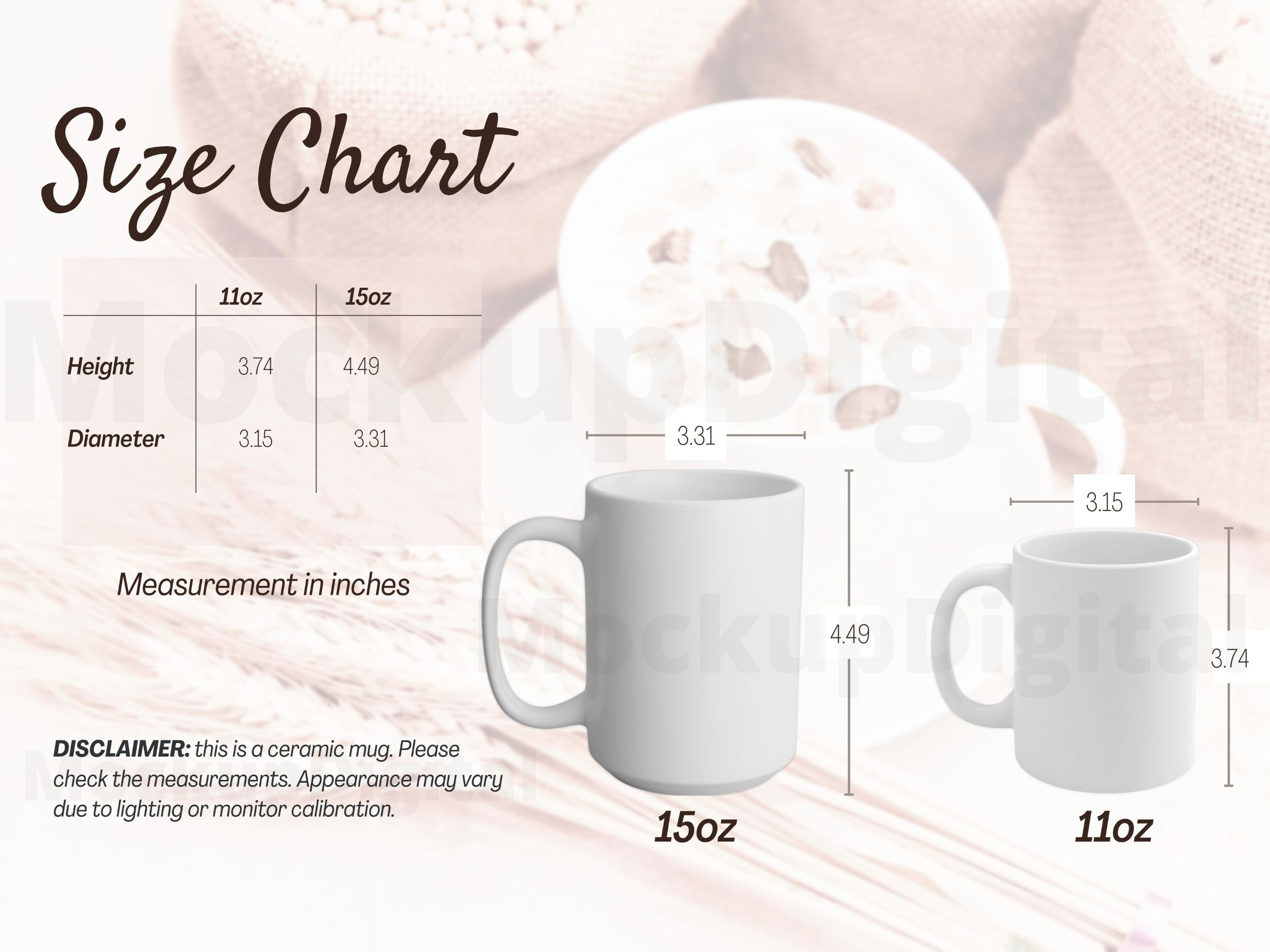 Mug Size Chart-cup Size Chart Template-11oz-15oz-mug Size Chart-mug  Mockup-fall Mockup-stock Photo Boho Mockup 