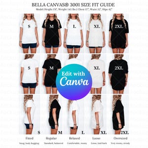 編集可能なBella Canvas 3001ビデオサイズ表Bella Canvas 3001サイズフィットガイド特大ビデオサイズ表3001サイズ3001 Bellaサイズ表モック