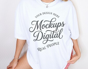 White Comfort Colors 1717 Real Model T-shirt Mockup 1717 White Shirt Mock POD Template (Digital Download)
