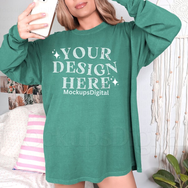 Light Green Comfort Colors 6014 Mockup Light  Green Shirt Mockup Oversized Comfort Colors Mockup 6014 Mockup 6014 Long Sleeve Mockup Western