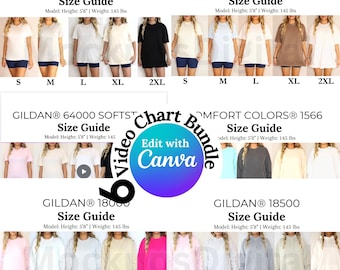 Editable Video Size Chart Bundle, 6 Top Sellers: Bella 3001, C1717, Gildan 18000 (Canva Template)