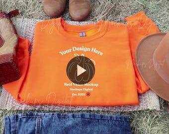 Safety Orange Gildan 18000 Video Mockup Orange Sweatshirt Mockup Long Sleeve Overlay Sweatshirt Fall Mockup