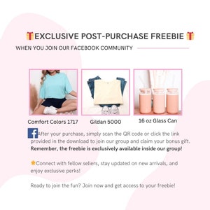 May include: Three product options for joining a Facebook community: a light blue t-shirt, a yellow t-shirt, and three 16 ounce glass jars with lids and straws.  The text "After your purchase, simply scan the QR code or click the link provided in the download to join our group and claim your bonus gift. Remember, the freebie is exclusively available inside our group!" is also included.