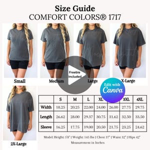 Comfort Colors 1717 ビデオサイズ表 - Canva テンプレート CC1717 Pepper ビデオ モックアップ - 実モデル モックアップ - T シャツ サイズガイド - サイズ比較表