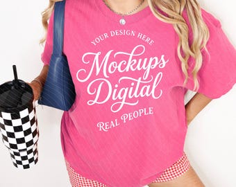 Crunchberry Comfort Colors 1717 Real Model Trendy T-shirt Mockup 1717 Red Shirt Mock POD Template (Digital Download)