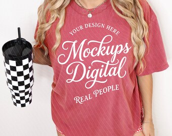 Crimson Comfort Colors 1717 Real Model T-shirt Mockup 1717 Red Shirt Mock POD Template (Digital Download)