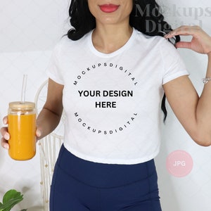 White Bella Canvas 8882 Mockup Cropped T-Shirt Flowy Cropped Tee Bella Mockup Bella 8882 Mock Up Model Mockup Model Mockup 8882 Mockup