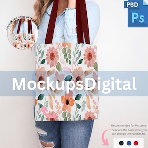 Może przedstawiać: Makieta torby typu tote z wzorem kwiatowym z różowymi, pomarańczowymi i zielonymi kwiatami akwarelowymi na białym tle. Torba ma bordowe uchwyty, a na zdjęciu widoczny jest tekst "MockupsDigital".