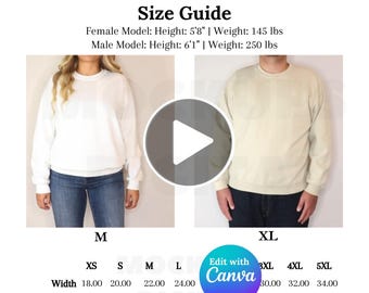 May include: Size chart for Gildan 18000 shirts, showing measurements in inches for width, length, and sleeve length for sizes XS to 5XL. The chart includes a female model wearing a white shirt and a male model wearing a cream shirt.