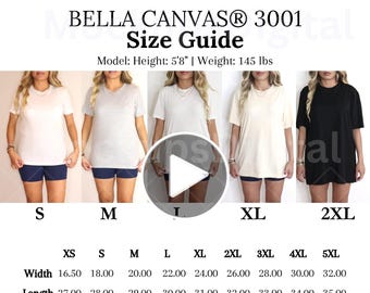 May include: Bella Canvas 3001 size chart for t-shirts. The chart shows measurements in inches for width, length, and sleeve length for sizes XS to 5XL. A model is wearing a white, grey, cream, and black t-shirt in sizes S, M, L, XL, and 2XL.