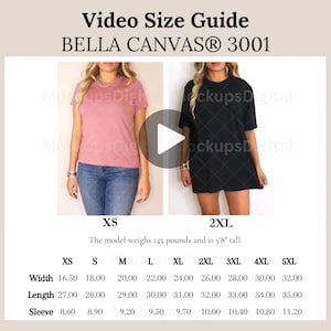 Bella Canvas 3001 ビデオ サイズ表 Bella Canvas 3001 サイズ表 特大ビデオ サイズ表 3001 モックアップ サイズ ガイド 3001 Bella サイズ リファレンス