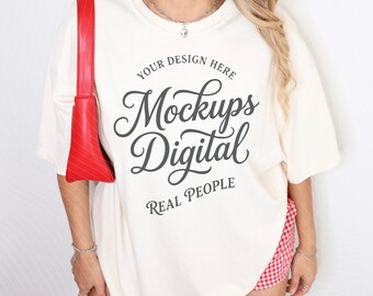 Ivory Comfort Colors 1717 Real Model T-shirt Mockup 1717 Cream Shirt Mock POD Template (Digital Download)