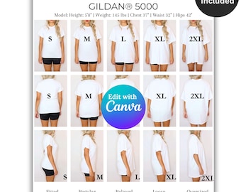 Gildan 5000 Video Size Chart, Oversized Size Fit Guide, Real Model, G5000 Size Guide, Unisex Tshirt Size Chart, Canva Template, Real Photo