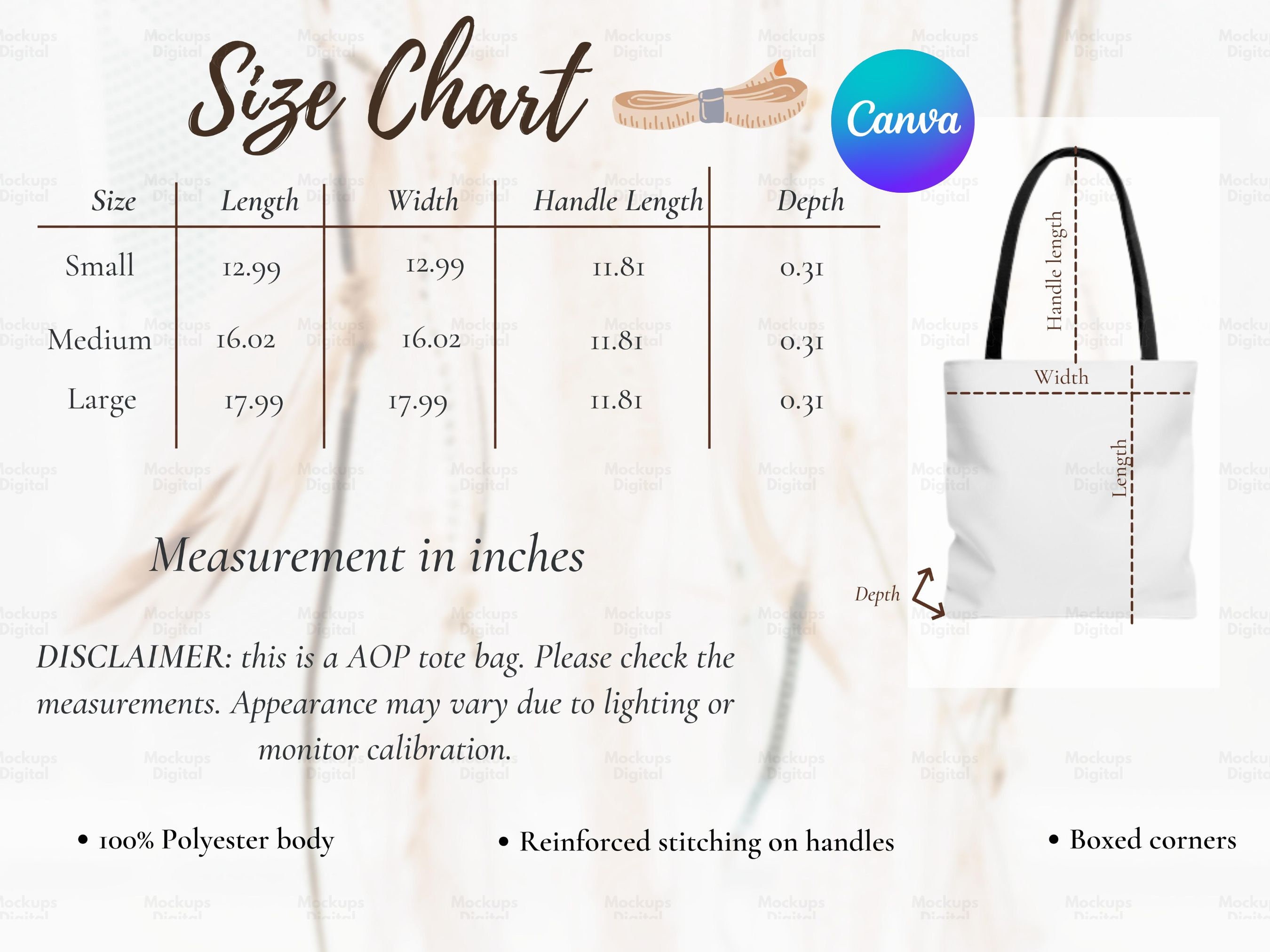 Aop Tote Bag Size Chart-aop Tote Bag Mockup-size Chart-all - Etsy