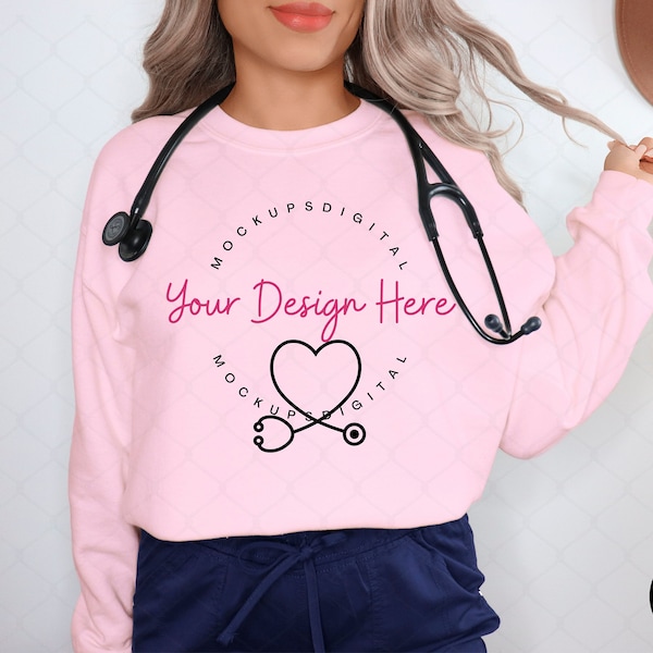 Nurse Mockup Light Pink Gildan 18000 Mockup Light Pink Mockup Pink Gildan 18000 Mockup Fall Mockup Sweatshirt Model Mockup Halloween Mockup