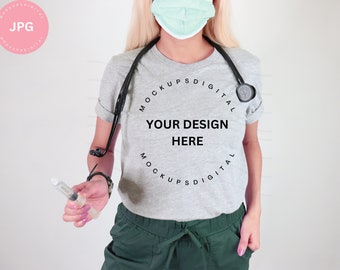 Healthcare Mockup Nurse Shirt Mockup with Stethoscope Athletic Heather Bella Canvas 3001 Model Mockup Nurse Tshirt Mockup Doctor Mockup