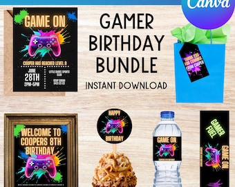 Gamer Birthday Party Bundle: Customizable Invite, Toppers (Digital Download)