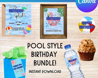 Pool Party Birthday Bundle: Editable Canva Invitations, Tags (Digital Download)