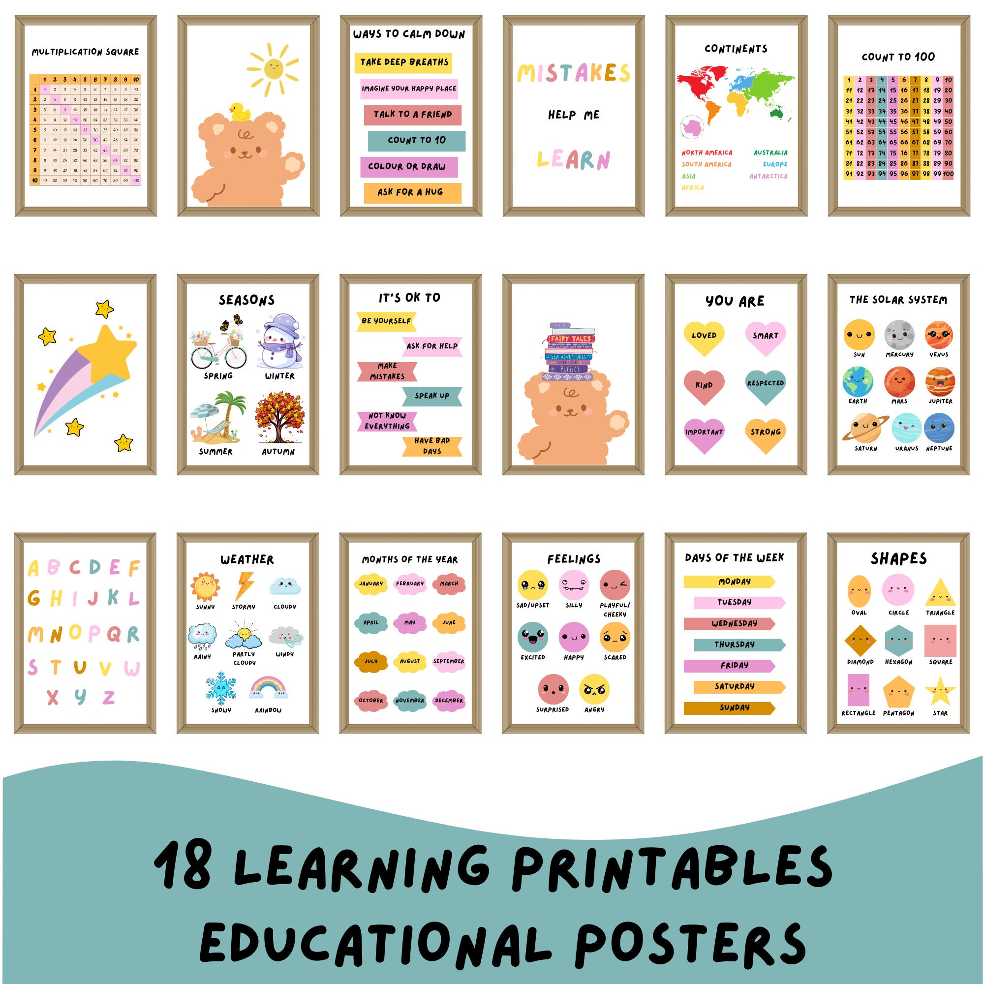 Set of 18 Learning Printables Educational Early Learning Playroom Kids ...