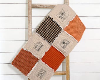 NEW - Primitive Halloween Table Runner, Raggy Quilted Runner, Vintage Halloween Decor, Farmhouse Fall Table Decor, Handmade Country Home