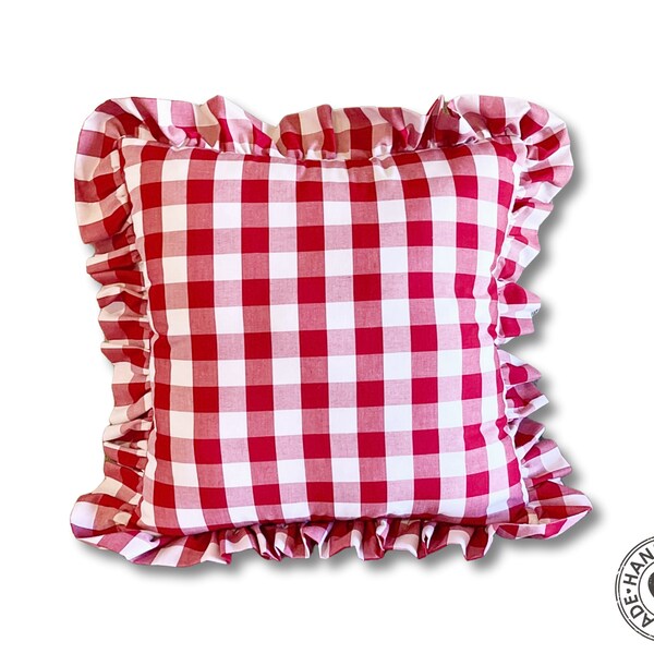 Buffalo Plaid Ruffled Pillow, Red and White Check, Christmas Decor, Farmhouse Accent, Festive and Cozy Holiday Pillow