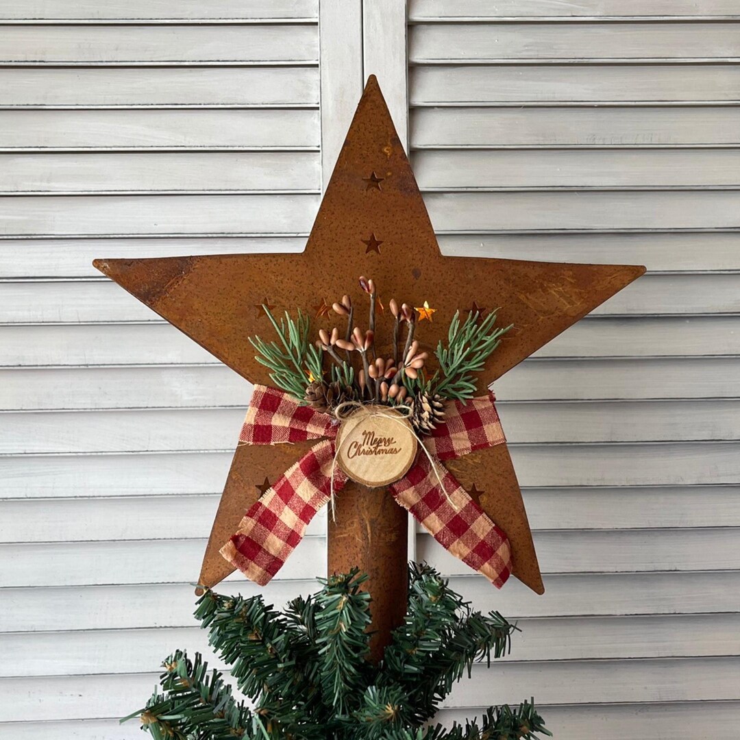 Rusty Star Christmas Tree Topper With Mini Fairy Lights, Primitive ...
