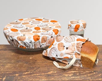 Fall Sourdough Starter Set, Reusable Proofing Bowl & Jar Covers, Pumpkins Eco-Friendly Bread Bag,  Handmade Artisan Bread Making Gift