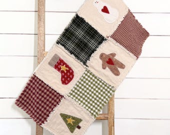 NEW - Primitive Christmas Table Runner, Raggy Quilted Table Runner, Farmhouse Holiday Decor, Handmade Country Decor