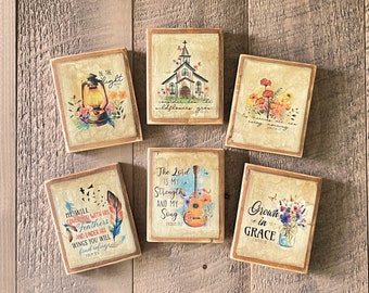 Christian Tiered Tray Decor, Religious Wooden Mini Signs, Inspirational Primitive Decor, Rustic Wood Blocks for Shelves and Tables