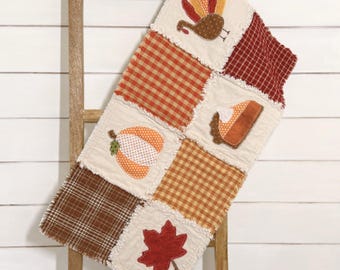 NEW - Fall Thanksgiving Table Runner, Primitive Raggy Quilted Table Runner, Farmhouse Autumn Decor, Handmade Country Decor