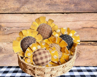 Primitive Fabric Sunflower Bowl Filler, Antique Fabric Decor, Handmade Small Pillows, Rustic Fall Decor for Baskets and Bowls, Set of 3