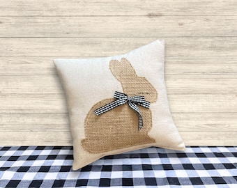 Bunny Rabbit Pillow in Neutral Colors Scheme, 8 Inch Square Muslin Pillow with Burlap Bunny Applique and Black and White Plaid Bow