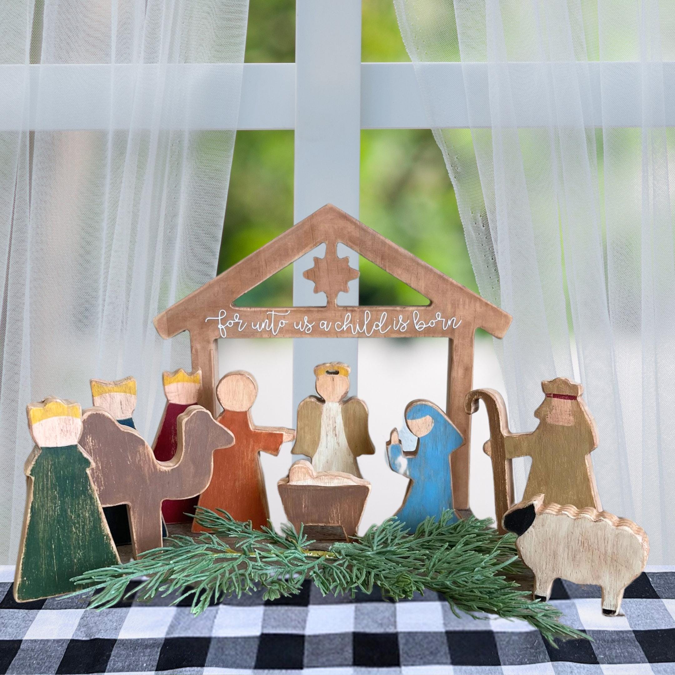Wooden Nativity Set in a Folk Art Style, Hand Painted Manger Scene, Rustic Christmas Decor, Primitive Holiday Decoration