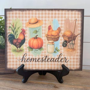 Homesteader Farmhouse Wood Sign, Handmade Rustic Country Decor, Primitive Farm Art, Fall Gingham Sign
