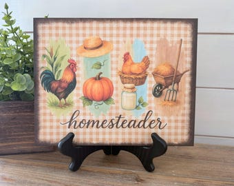 Homesteader Farmhouse Wood Sign, Handmade Rustic Country Decor, Primitive Farm Art, Fall Gingham Sign