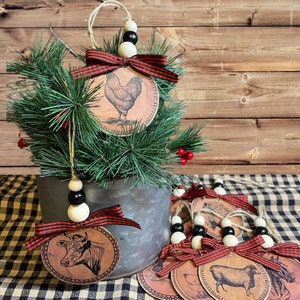 Farm Animal Wooden Ornaments with Red and Black Plaid Ribbon, Rustic Christmas Decorations for Your Holiday Tree, Set of 8