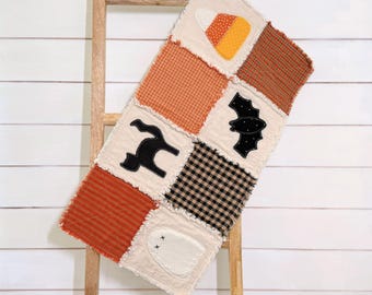 NEW - Primitive Halloween Table Runner, Handmade Rag Quilt Bed Runner, Vintage Spooky Sign Patchwork Table Topper, Rustic Raggy Country Home
