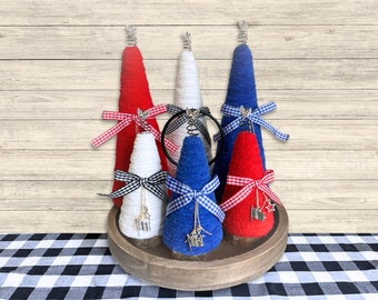 4th of July Yarn Trees, Red White and Blue Decorations, Classic Independence Day Decor, Farmhouse Style Holiday Accents