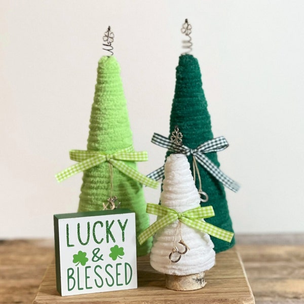 Yarn St. Patrick's Day Trees with Plaid Bows, Farmhouse Style Holiday Decor, Green and White Irish Trees with Charms