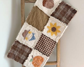 Primitive Fall Table Runner, Handmade Rag Quilt Bed Runner, Farmhouse Patchwork Table Topper, Rustic Raggy Country Home Decor