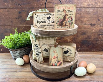 Easter Tiered Tray Decor, Farmhouse Mini Signs, Primitive Rustic Cottontail Spring Collection