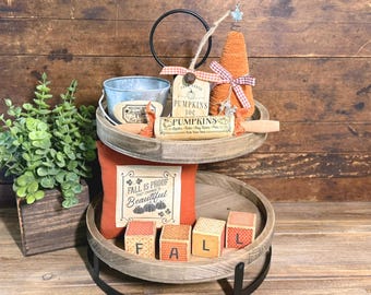 Farmhouse Fall Vintage Tiered Tray Set, Rustic Pumpkin Patch Decor, Autumn Harvest Mini Signs, Cozy Cottage Thanksgiving Display