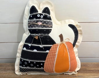 Primitive Halloween Black Cat Pillow, Rustic Farmhouse Halloween Decor, Country Folk Art Pumpkin Pillow