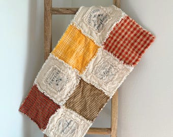 Primitive Fall Table Runner, Handmade Rag Quilt Bed Runner, Vintage Pumpkin Sign Patchwork Table Topper, Rustic Raggy Country Home Decor
