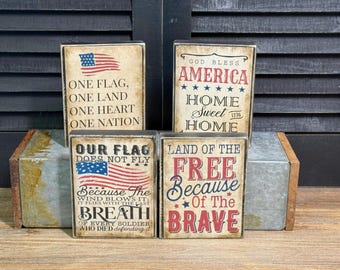 4th of July Wooden Signs, Americana Primitive Decor, Rustic Wood Blocks for Tiered Trays